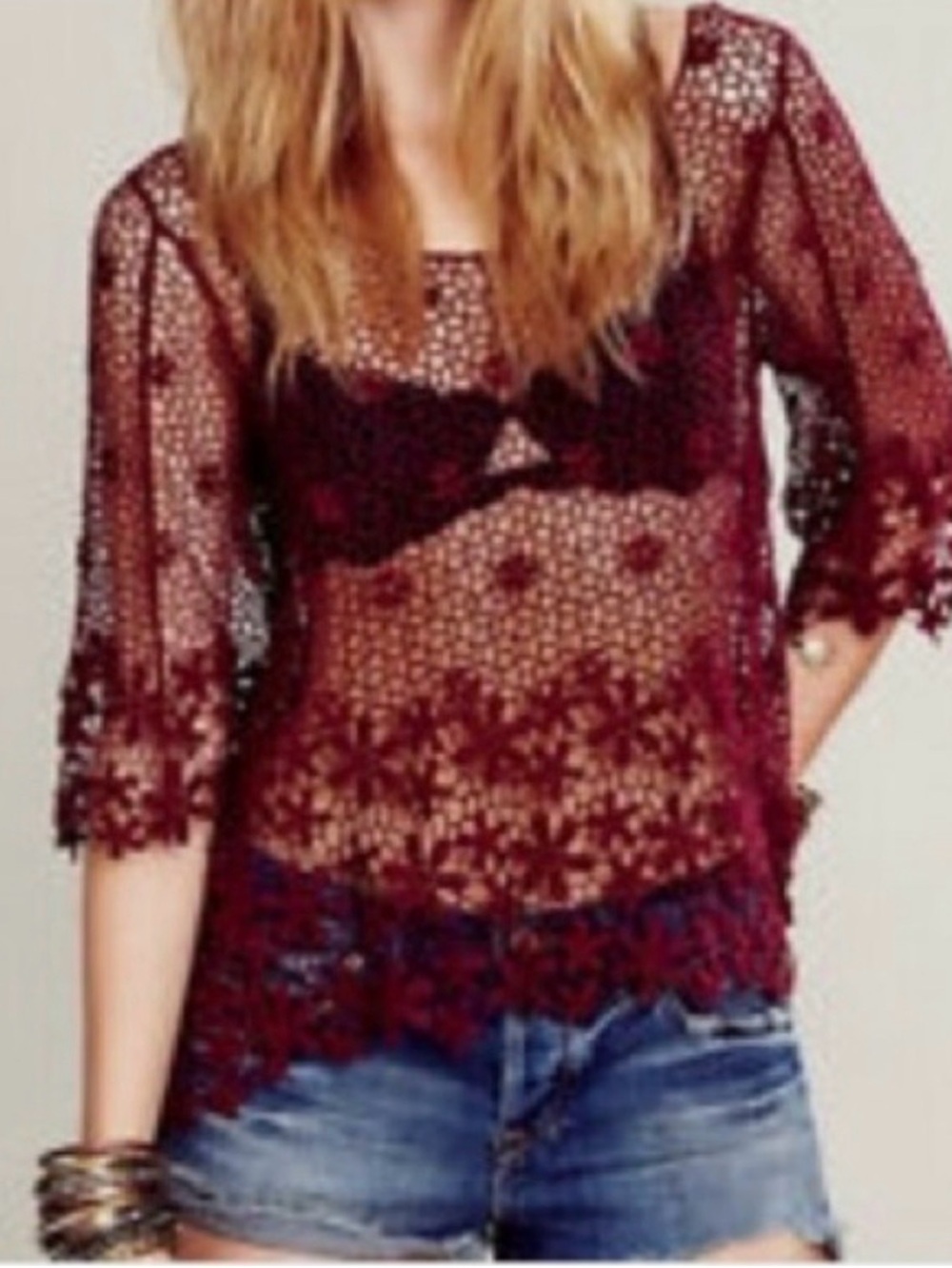 Free People Crochet Lace Sheer Top - Burgundy